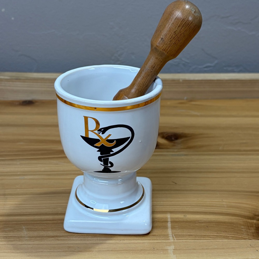 Vintage Western Germany Rx Mortar and Pestle Set Ceramic Gold Trim Apothecary